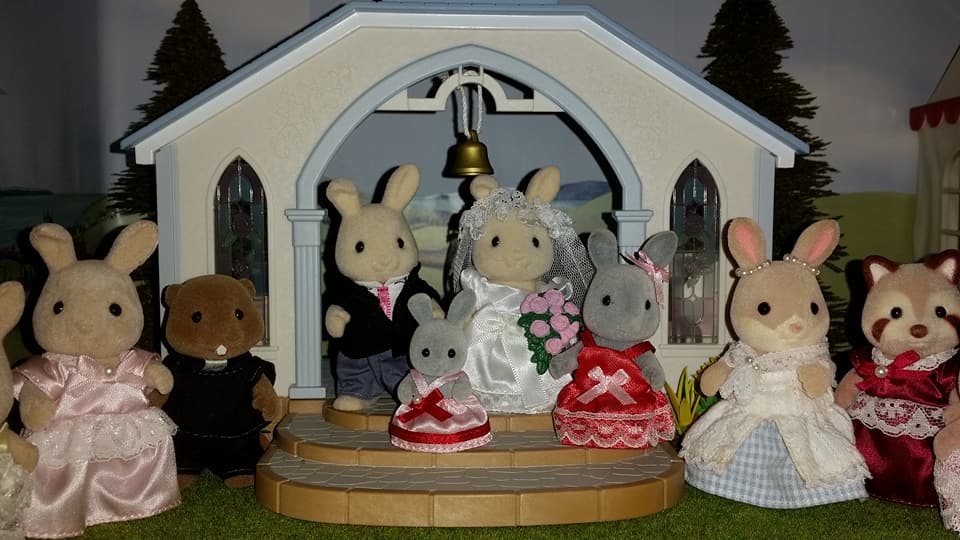 Sylvanian Families UK Butterglove Rabbit Wedding Family Ivory Rabbit Family Church Flowers EPOCH Tomy Flair Brighteyes Rabbit Bridesmaids Sparkle Rabbit Reverend Kelvin Waters Beaver Family Mulberry Racoon Mother